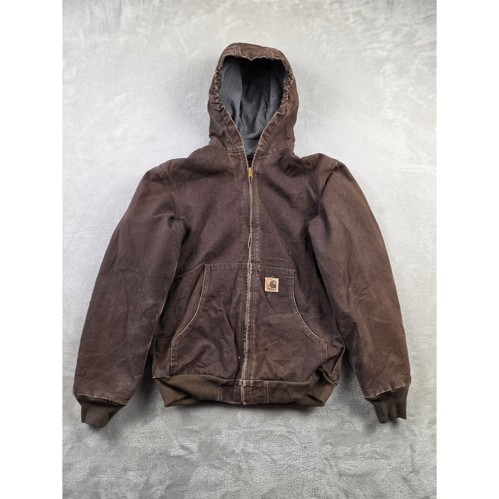 Vintage Carhartt Canvas Active Jacket J158 Boys XL Brown Fleece Lined Workwear